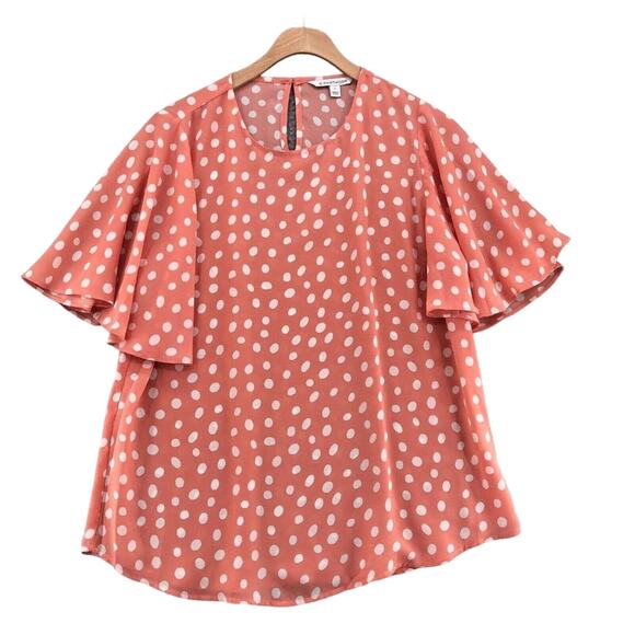 41 Hawthorn Blouse Women Large Pink Polka Dots Flutter Sleeves Career Classic - Picture 1 of 9